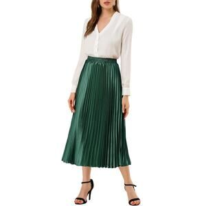 Women's Elastic Waist Metallic Shiny Accordion Pleated Midi Skirt L Drak Green